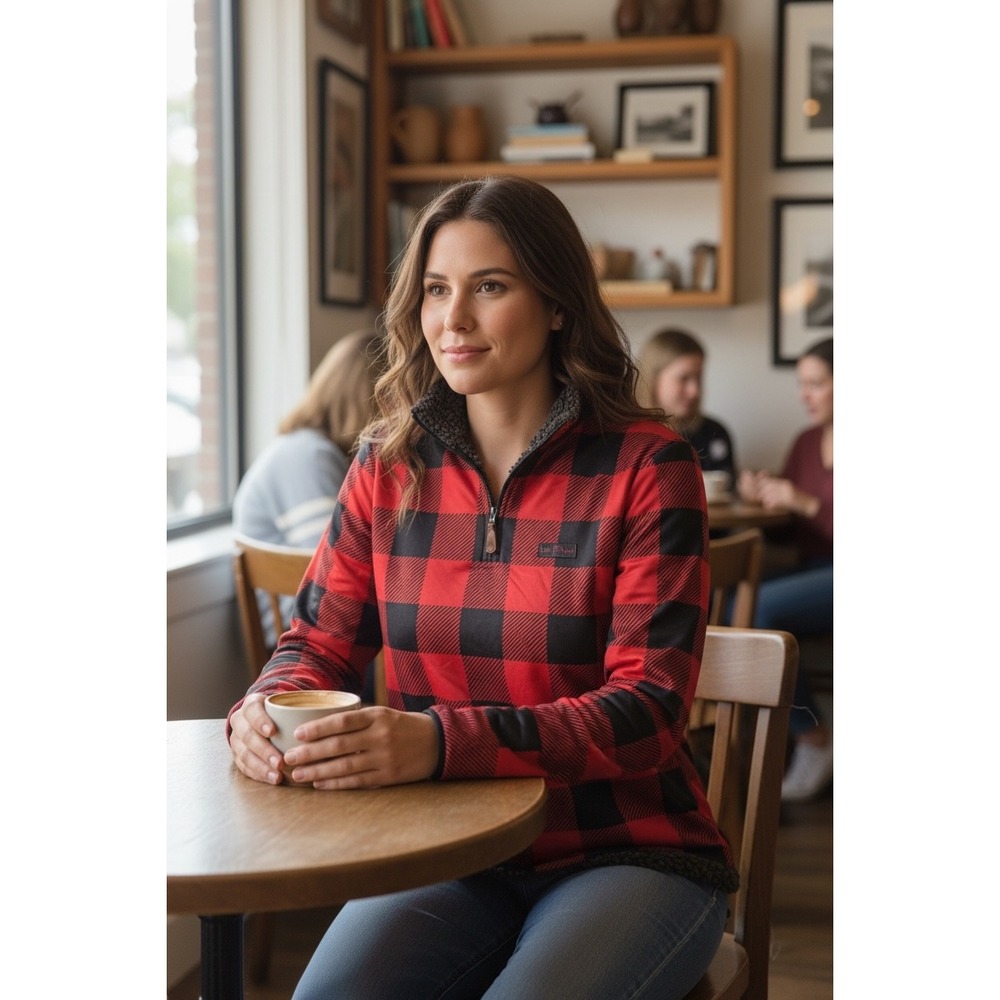 USA Palm Reversible Sherpa 1/4 Zip Pullover Red Black Buffalo Plaid Small SP1915